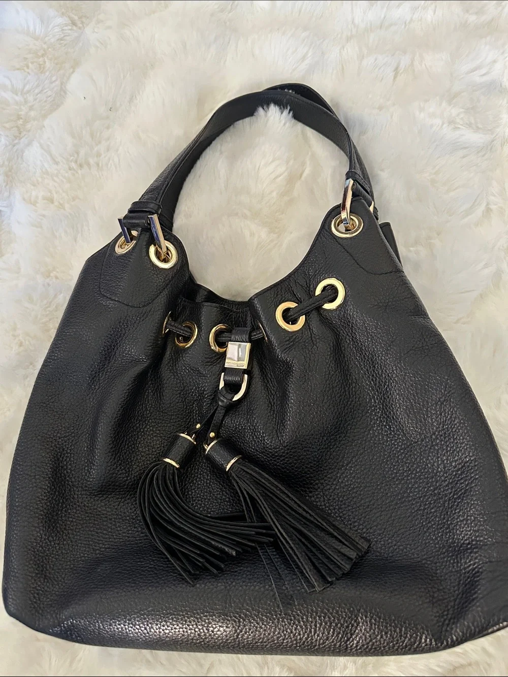 Michael Kors Black Pebbled Leather Tassel Shoulder Bag with Gold Hardware